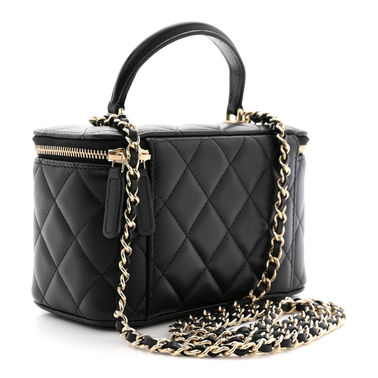 Lambskin Quilted Small Top Handle Vanity Case With Chain Black