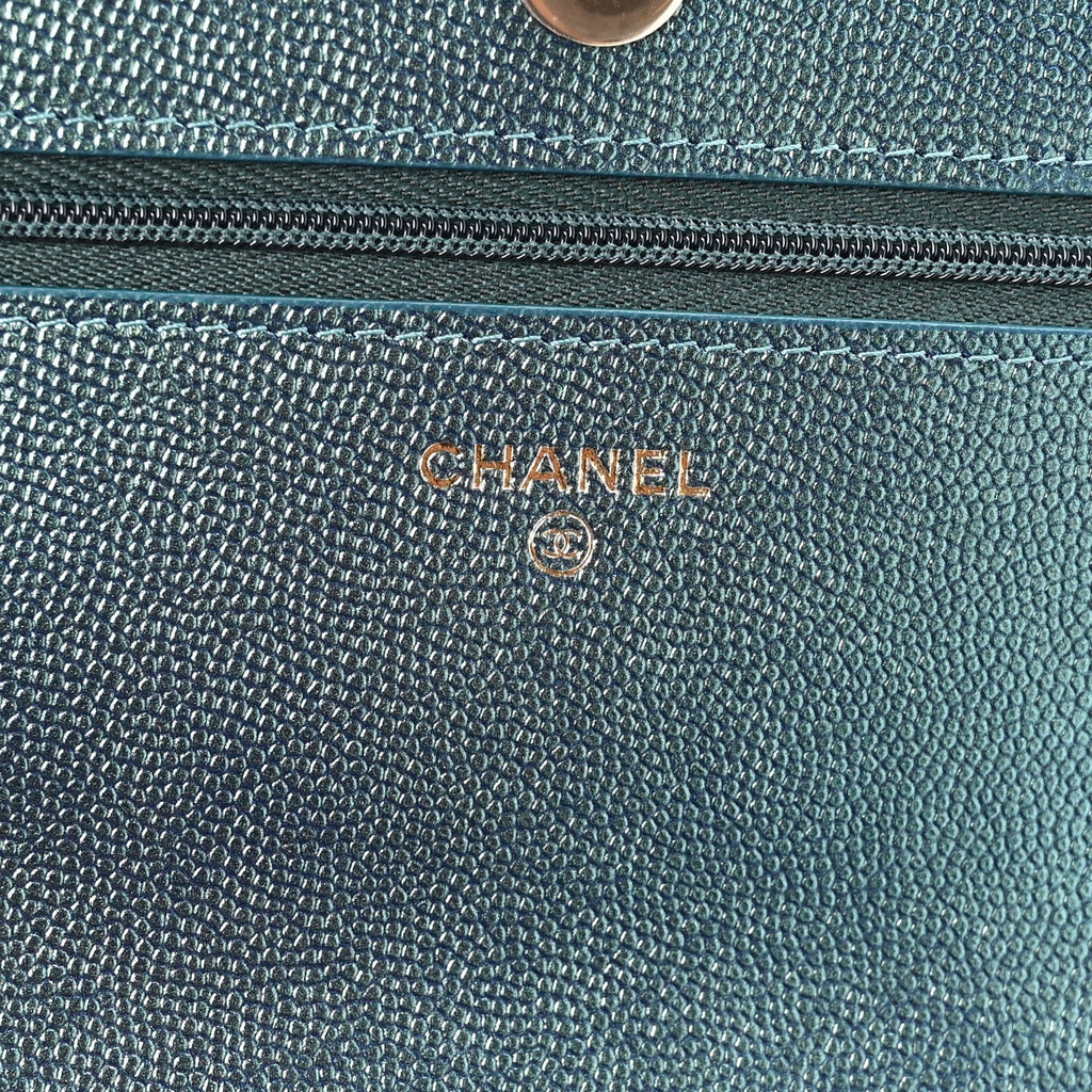 Iridescent Caviar Quilted Wallet on Chain WOC Dark Blue