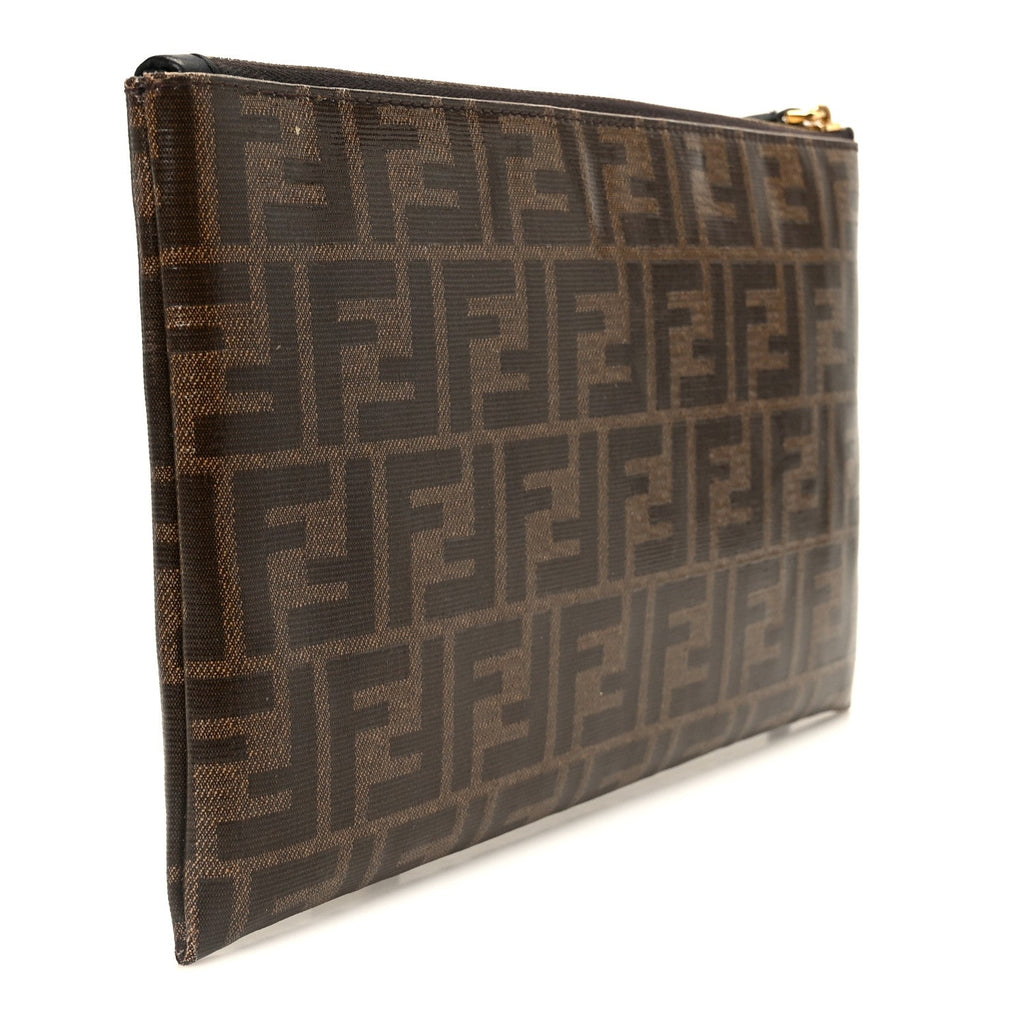 Glazed Fabric Vitello Century FF 1974 Stamp Patch Large Flat Pouch Mogano Panna Black