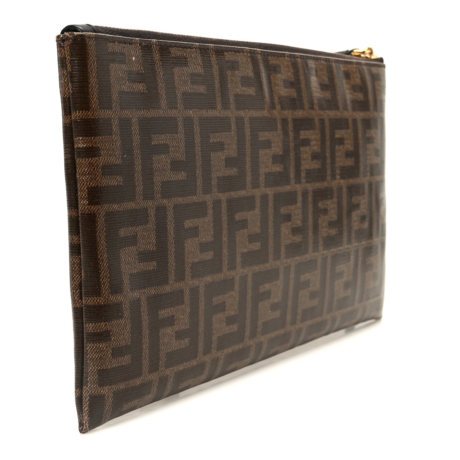 Glazed Fabric Vitello Century FF 1974 Stamp Patch Large Flat Pouch Mogano Panna Black