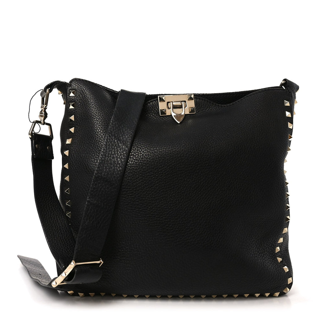 Pebbled Calfskin Large Rockstud Flip-Lock Messenger Bag Black