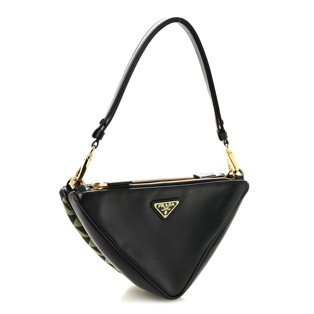 Jacquard Calfskin Triangolo Symbole Embroidered Mini Triangle Double Bag Black Edera