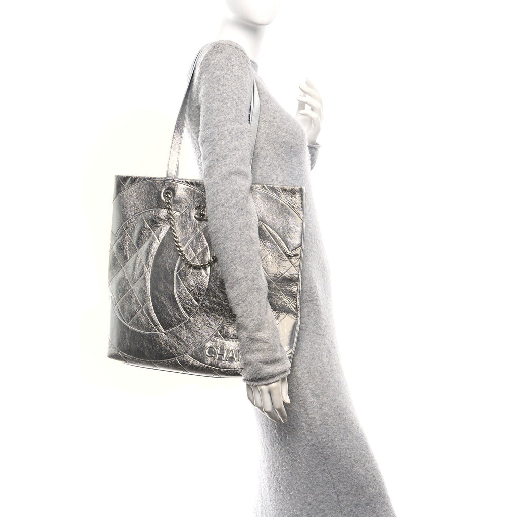 Metallic Calfskin Stitched CC Shopper Tote Silvery