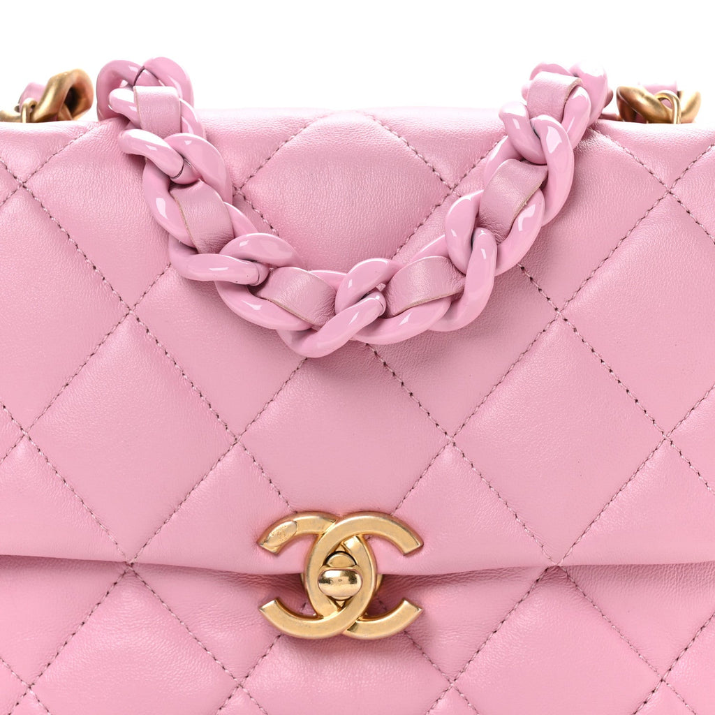 Lambskin Quilted Mini Lacquered Chain Flap Pink
