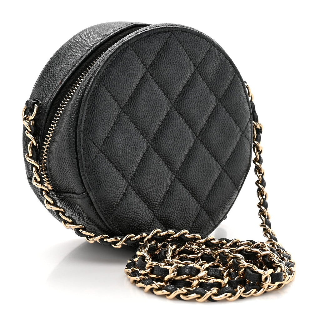 Caviar Quilted Round Clutch With Chain Black