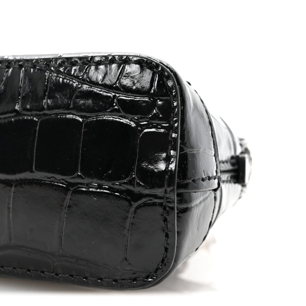 Shiny Calfskin Logo Crocodile Embossed Mini Ville Top Handle Bag Black