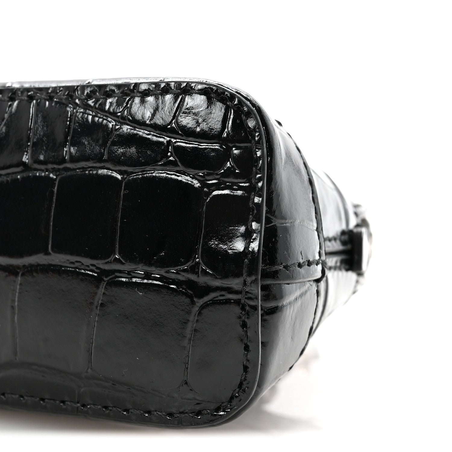 Shiny Calfskin Logo Crocodile Embossed Mini Ville Top Handle Bag Black