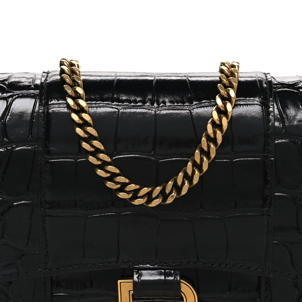 Shiny Calfskin Crocodile Embossed Hourglass Chain Bag Black