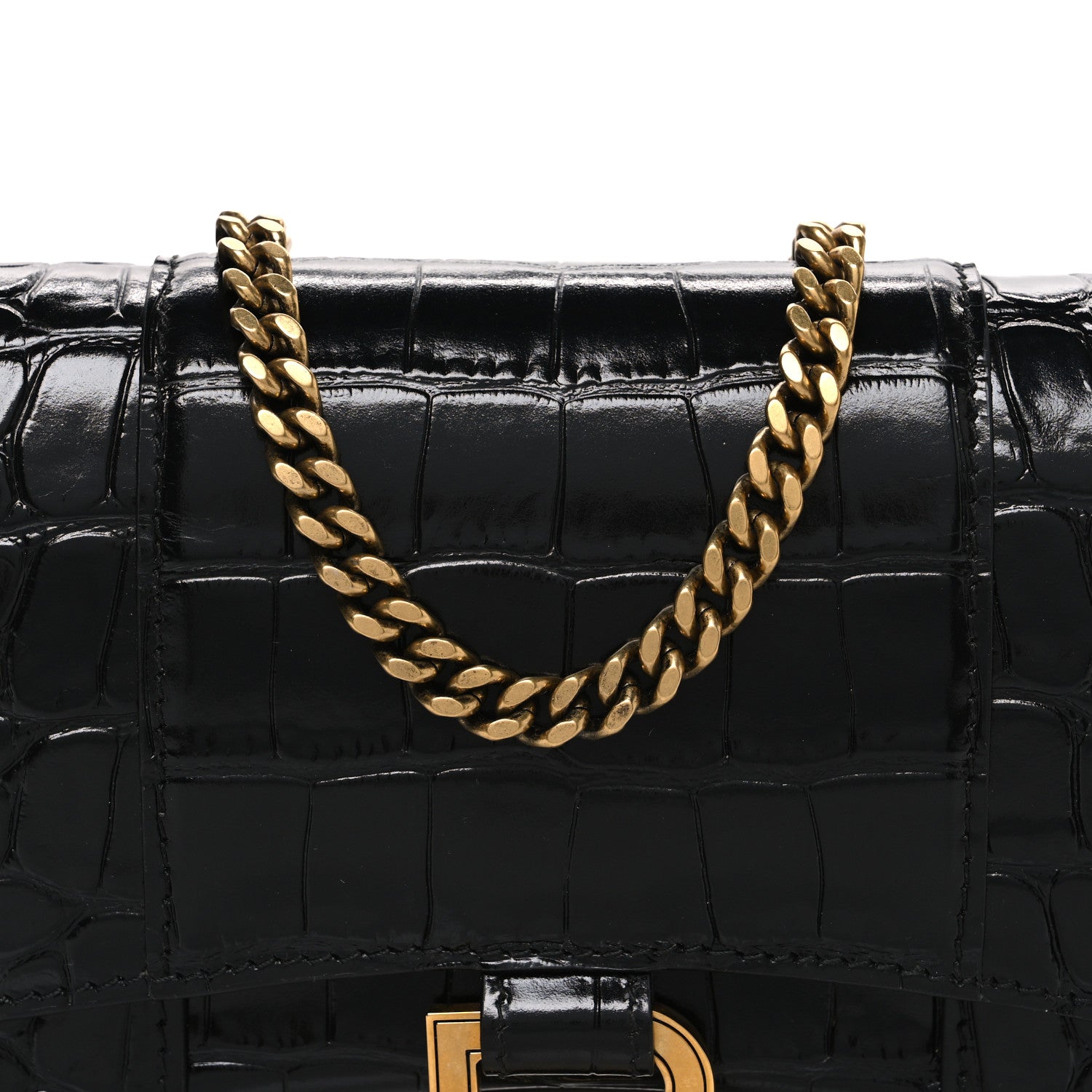 Shiny Calfskin Crocodile Embossed Hourglass Chain Bag Black