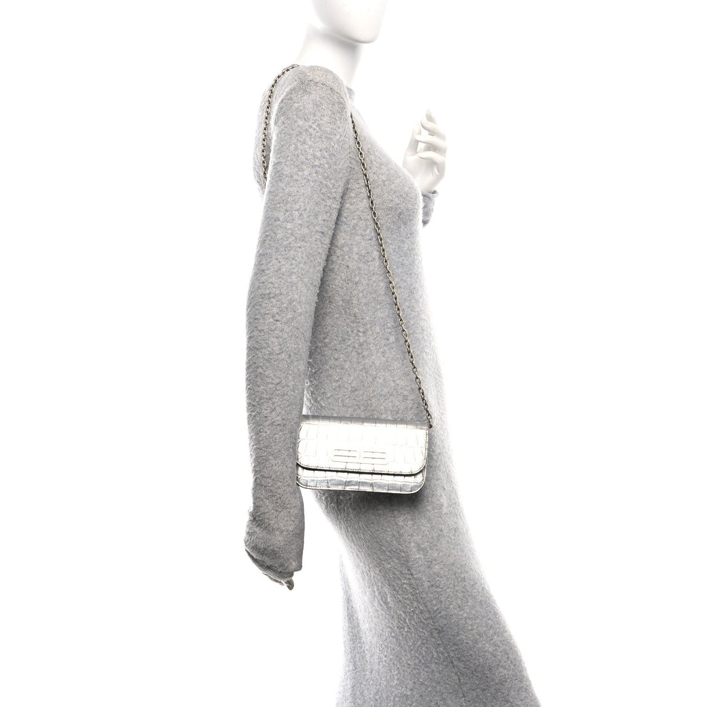 Metallic Extra Supple Calfskin Crocodile Embossed Gossip Wallet On Chain Silver