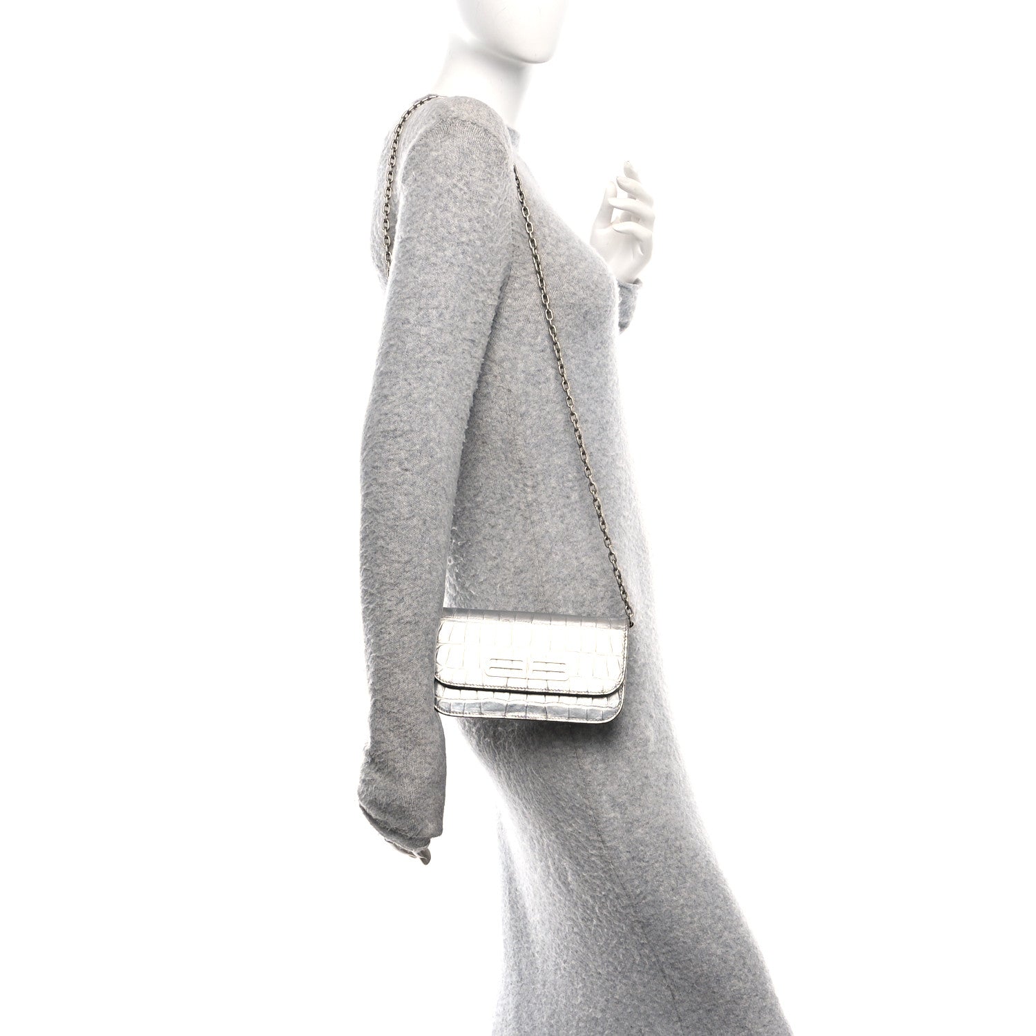 Metallic Extra Supple Calfskin Crocodile Embossed Gossip Wallet On Chain Silver