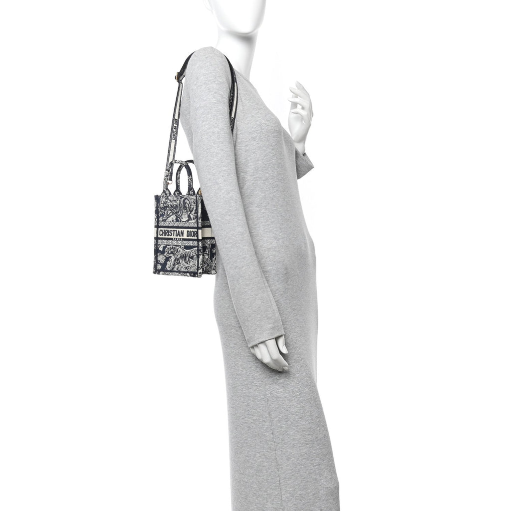 Canvas Toile de Jouy Reverse Embroidered Mini Book Tote Phone Bag Blue