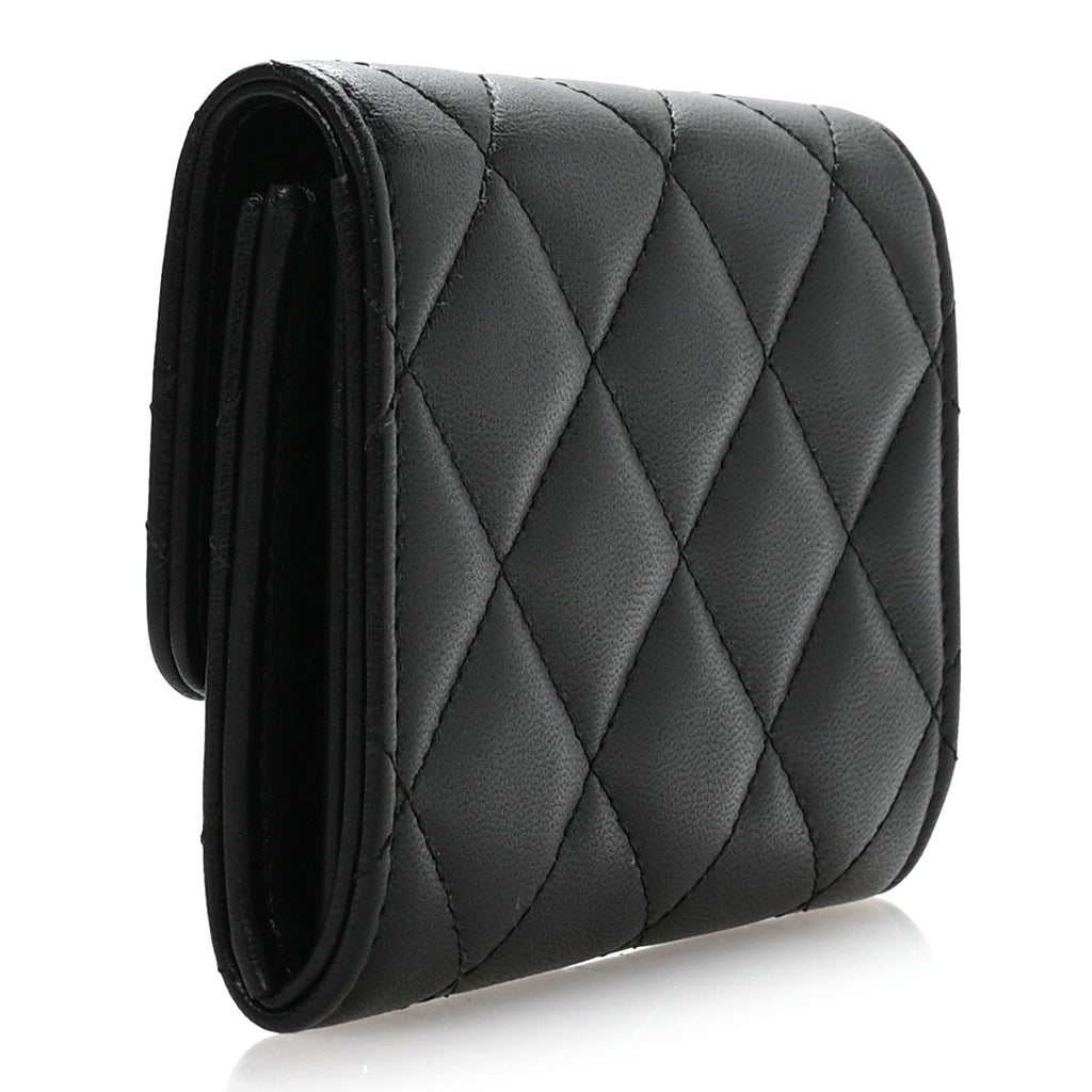 Lambskin Quilted Flap Baguette Crystal  Holder Wallet Black
