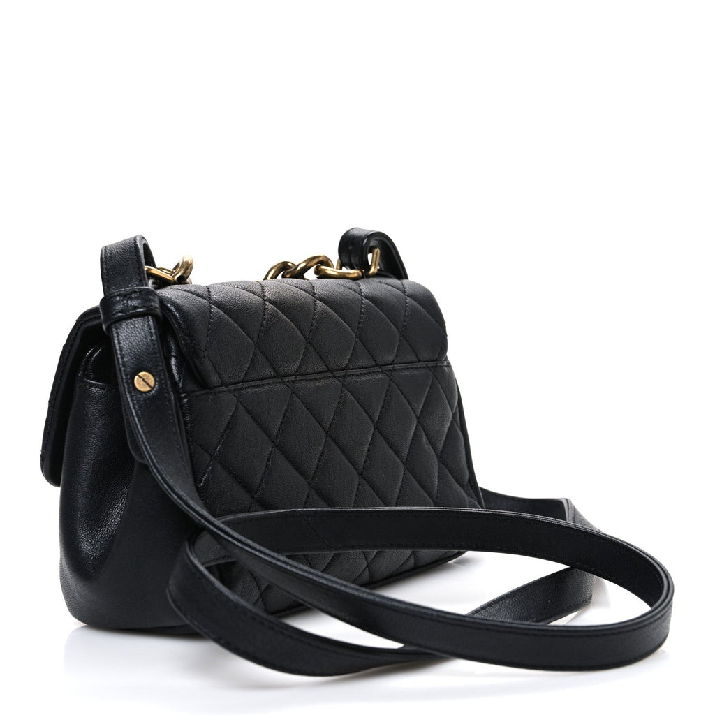 Shiny Sheepskin Quilted Mini Trapezio Flap Black