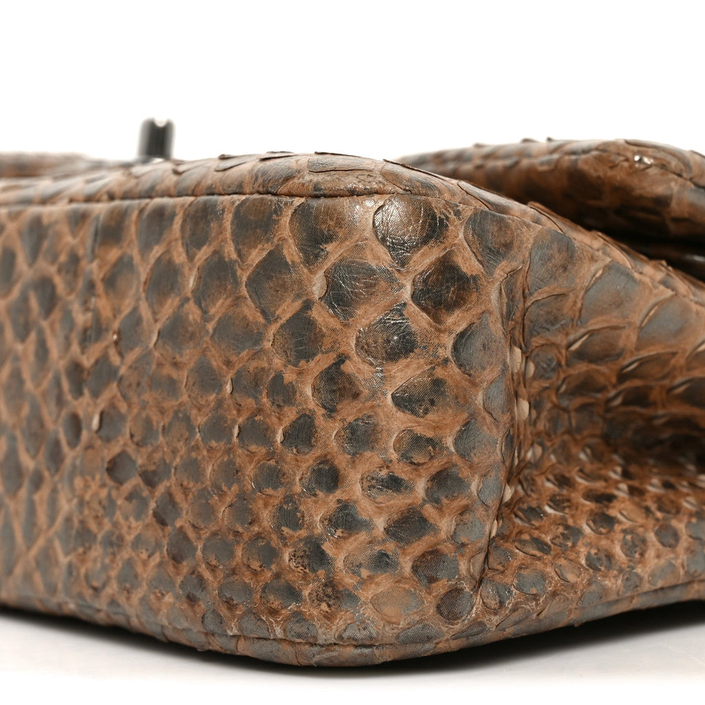 Metallic Snakeskin Medium Double Flap Beige