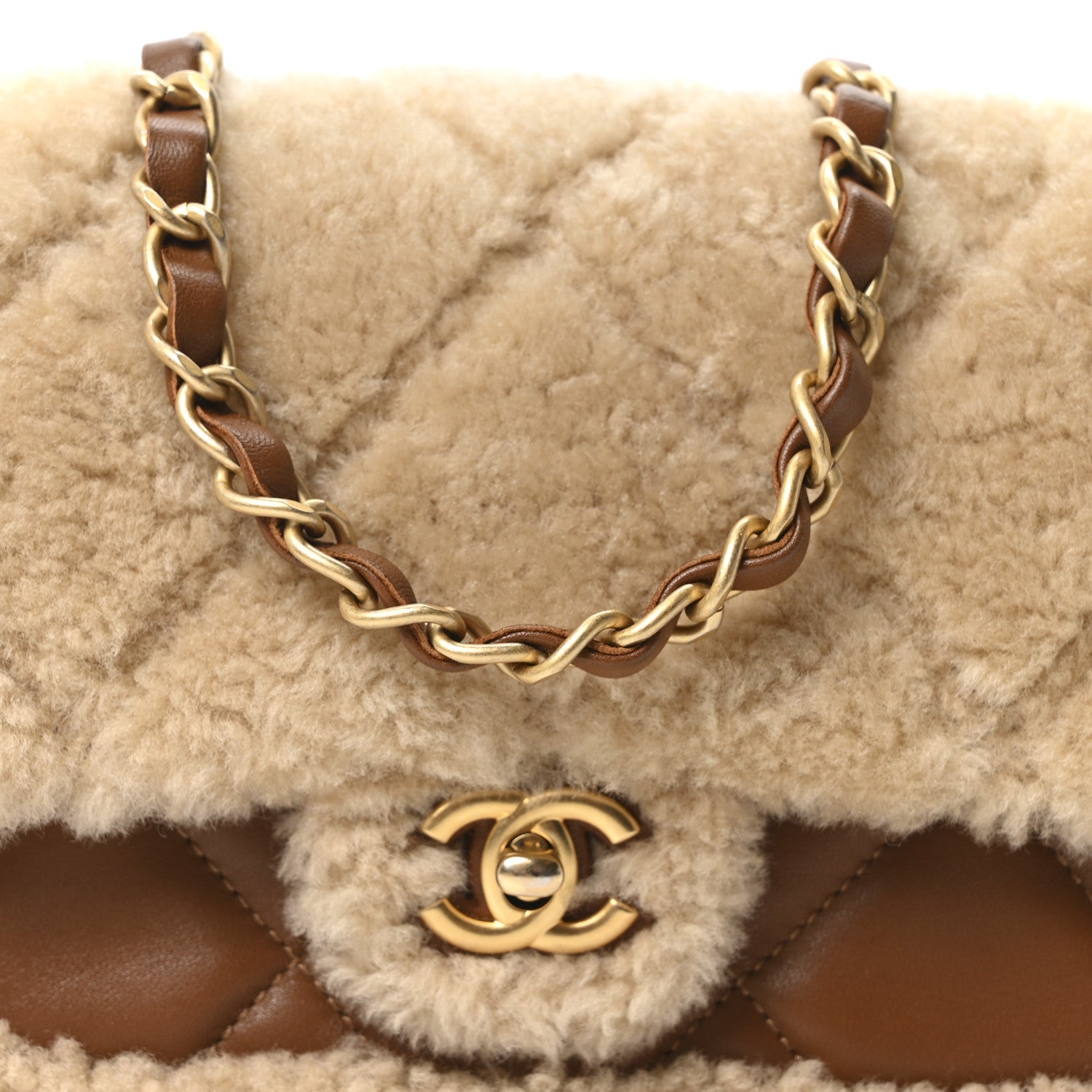 Shearling Lambskin Quilted Mini Furry Coco Flap Beige Dark Brown