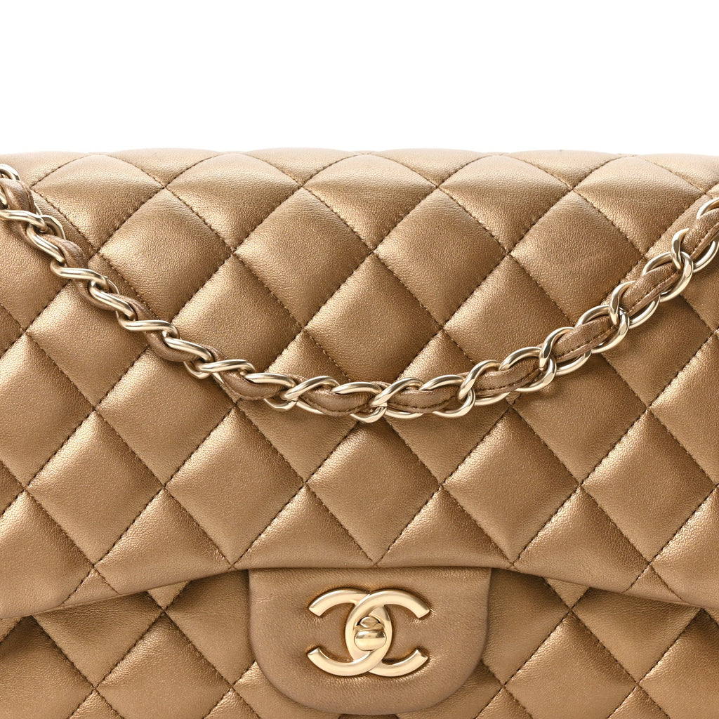 Metallic Lambskin Quilted Jumbo Double Flap Khaki