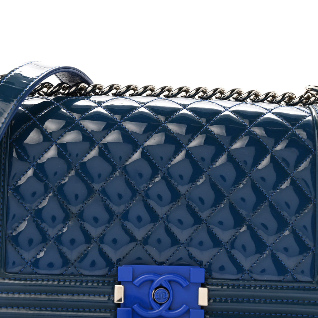 Patent Calfskin Quilted Medium Plexiglass Boy Flap Blue