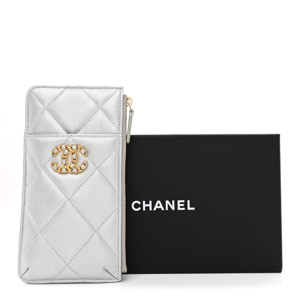 Lambskin Quilted Chanel 19 Phone and  Holder Silver