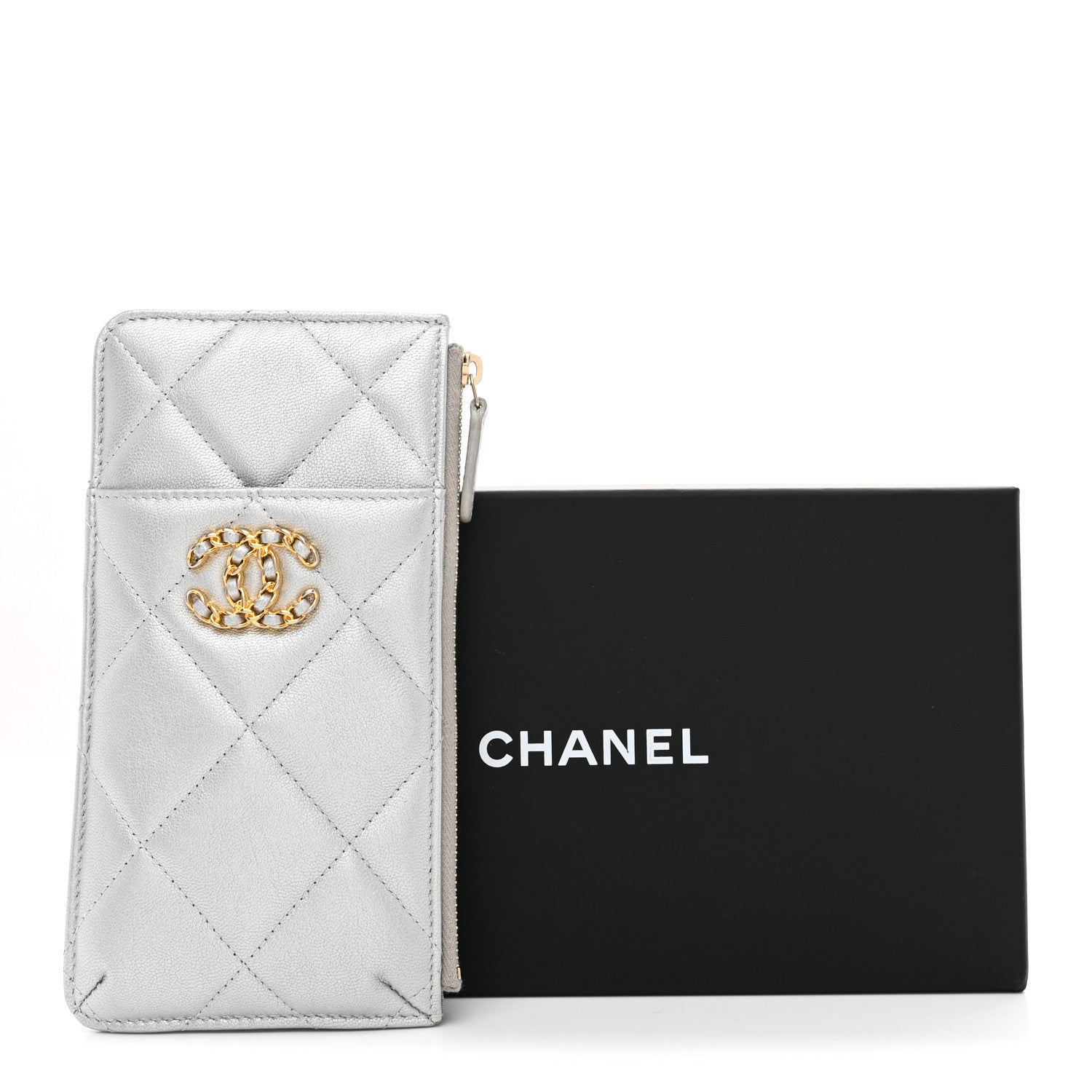 Lambskin Quilted Chanel 19 Phone and  Holder Silver