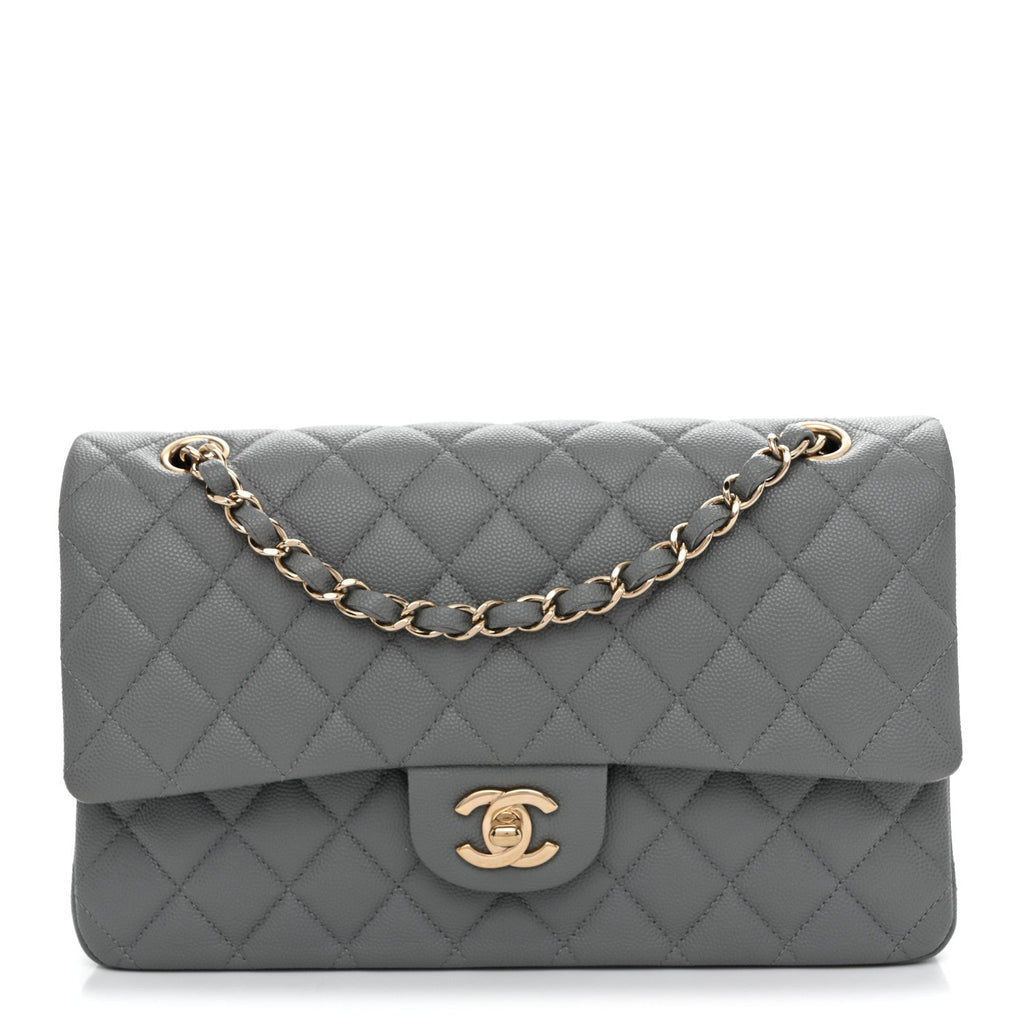 Caviar Quilted Medium Double Flap Grey
