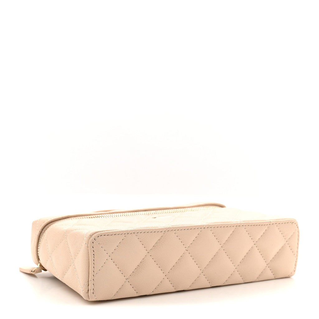Caviar Quilted Top Handle Slim Vanity With Chain Beige