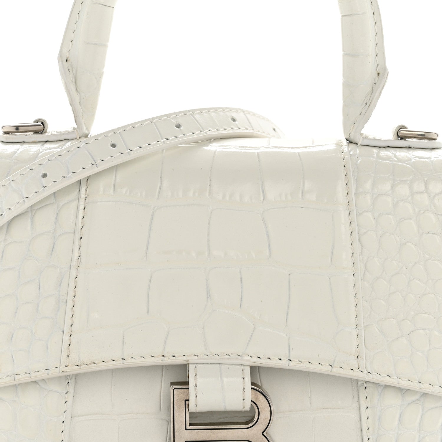 Shiny Calfskin Crocodile Embossed Hourglass Top Handle Bag XS White