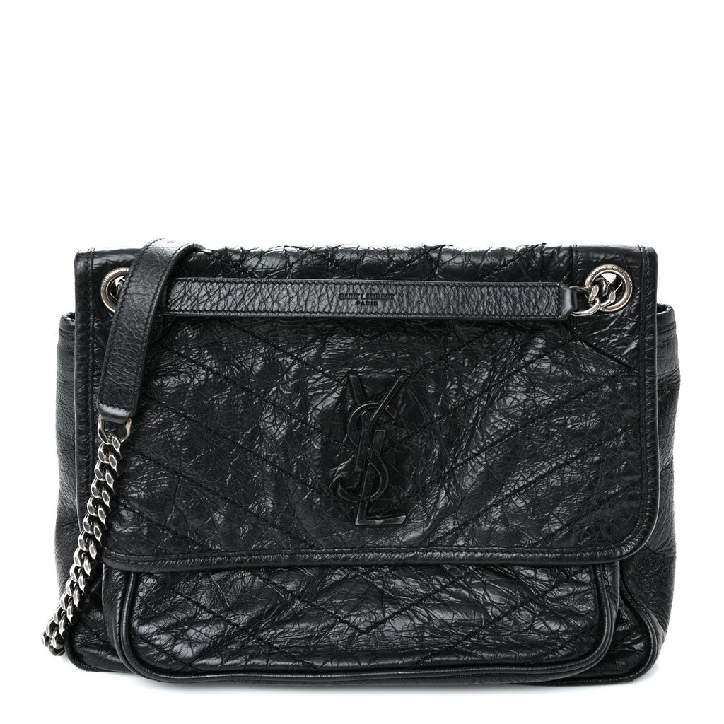 Crinkled Calfskin Matelasse Monogram Medium Niki Chain Satchel Black