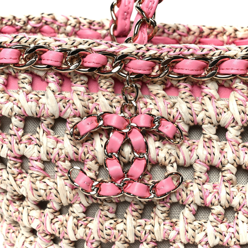 Mixed Fibers Calfskin Crochet Small Shopping Bag Beige Pink