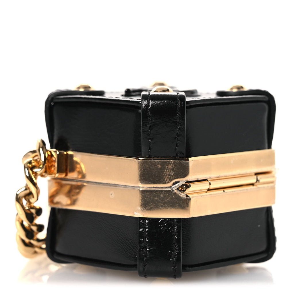 Shiny Crumpled Calfskin Minaudiere Clutch With Chain Black