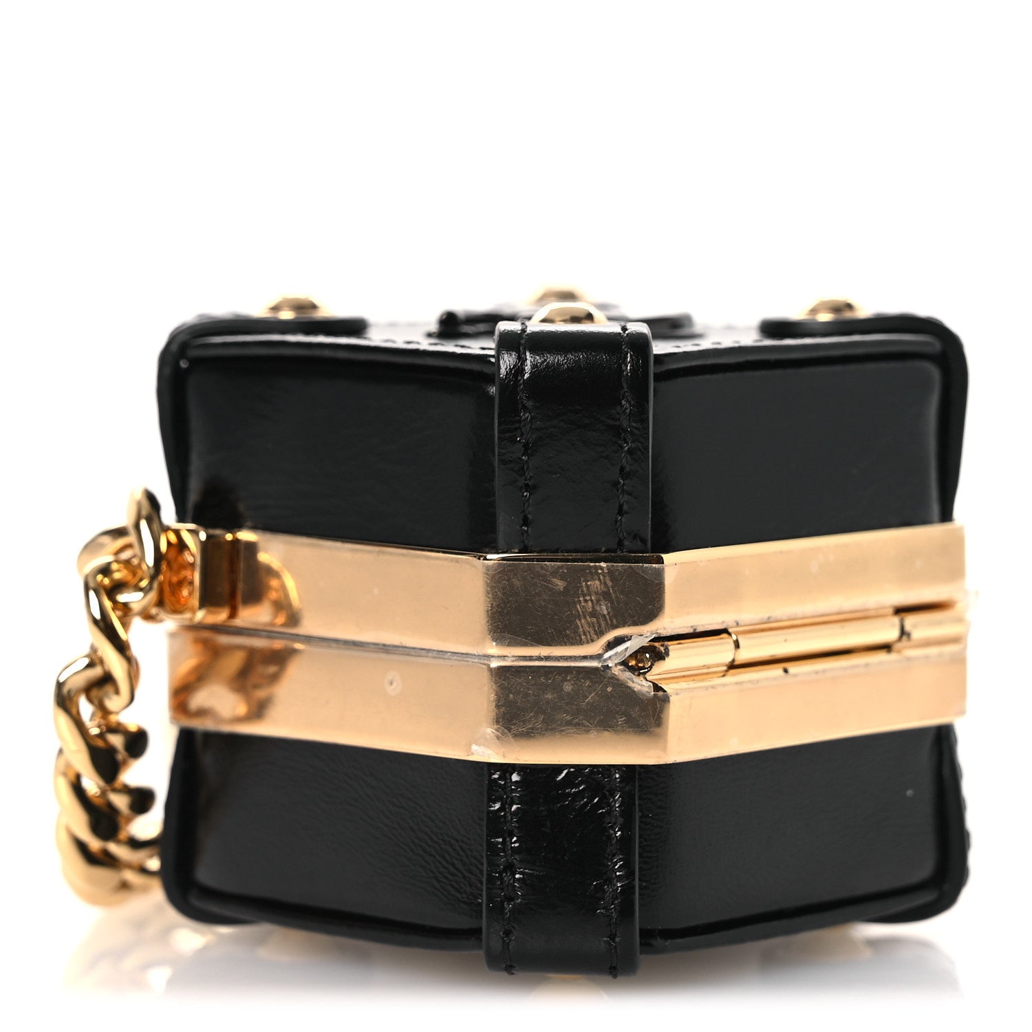 Shiny Crumpled Calfskin Minaudiere Clutch With Chain Black