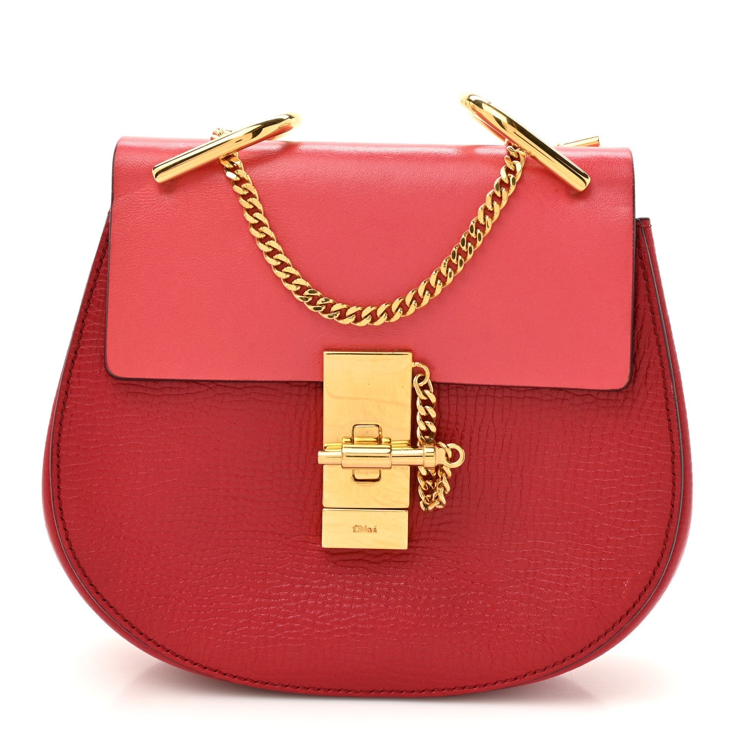 Grained Calfskin Lambskin Mini Bi-Color Drew Shoulder Bag Red