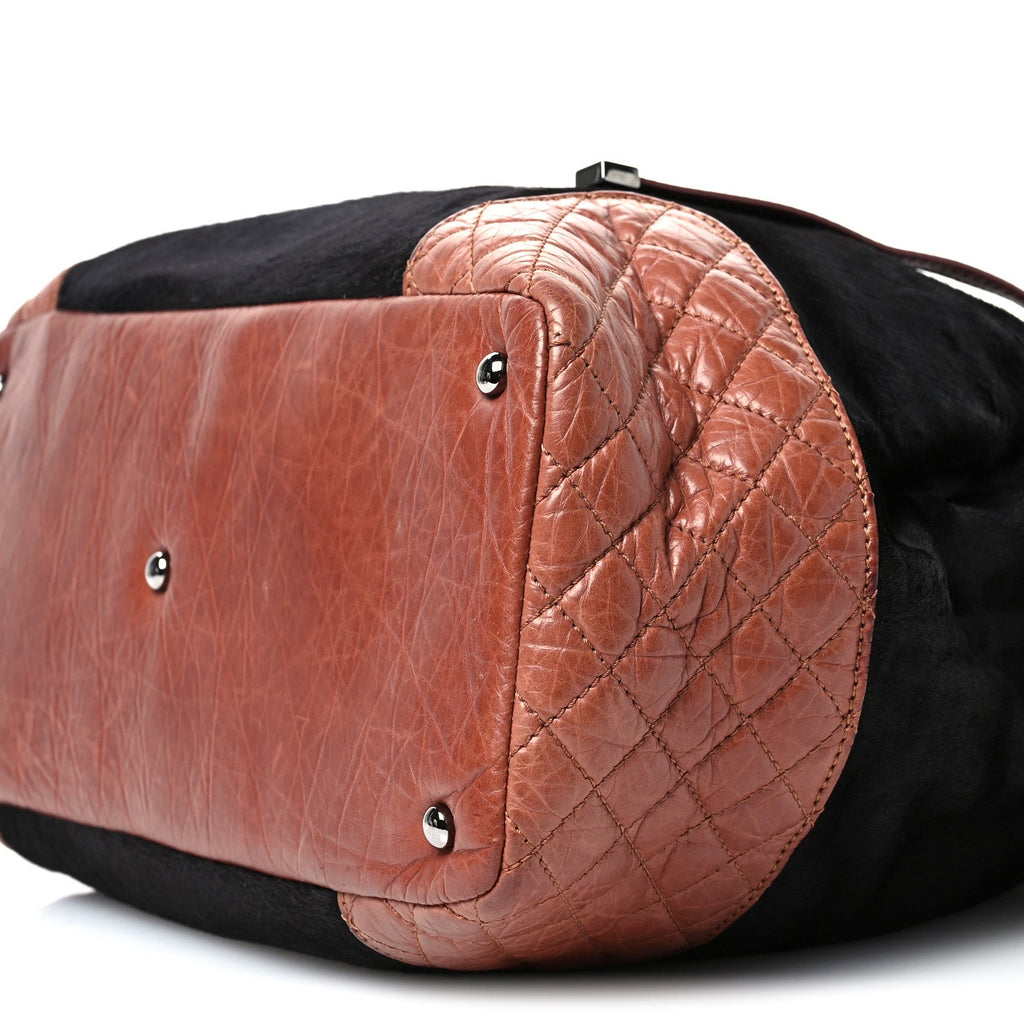 Aged Calfskin Pony Hair Quilted Miss Pony Drawstring Tote Brown