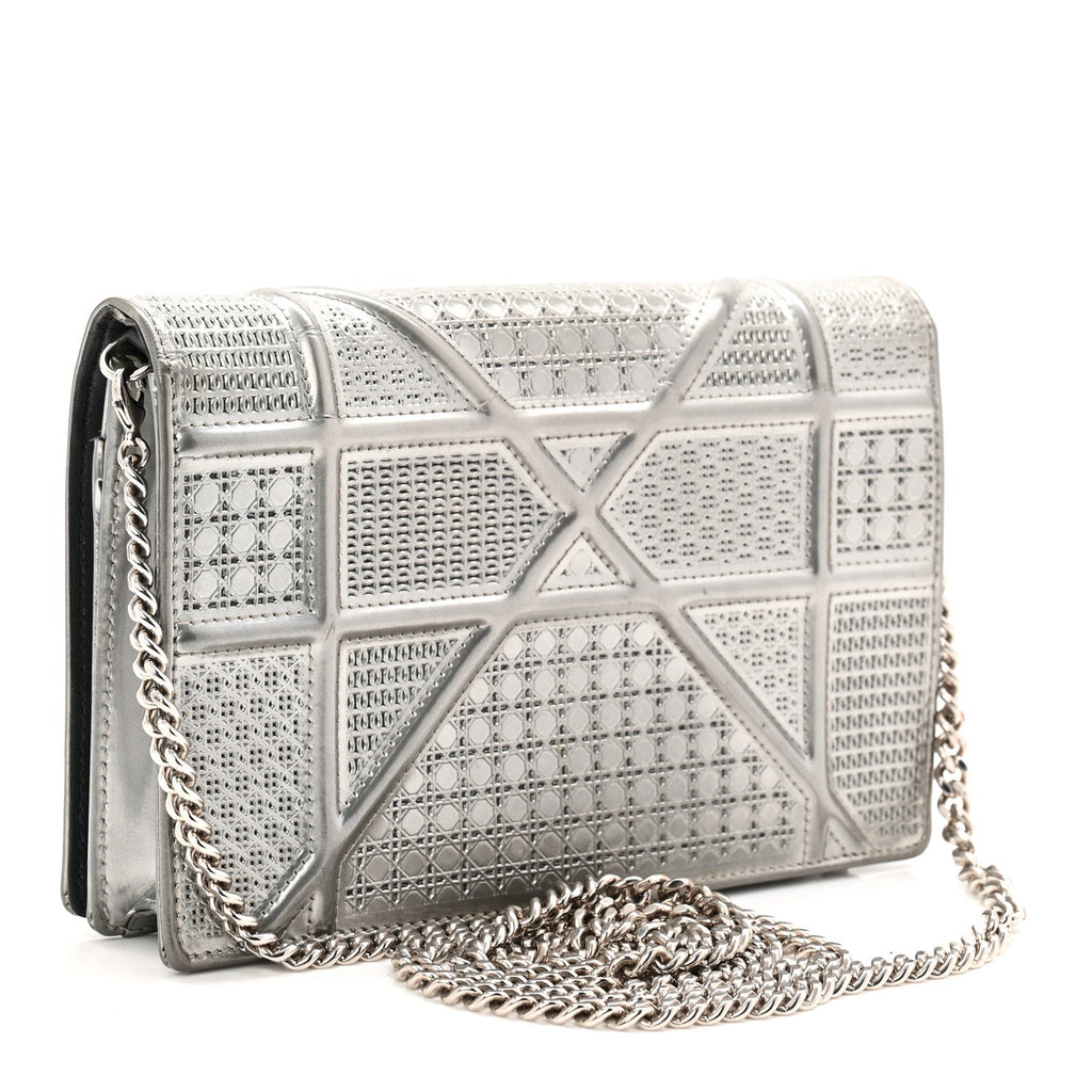Metallic Patent Micro-Cannage Diorama Wallet on Chain Pouch Silver
