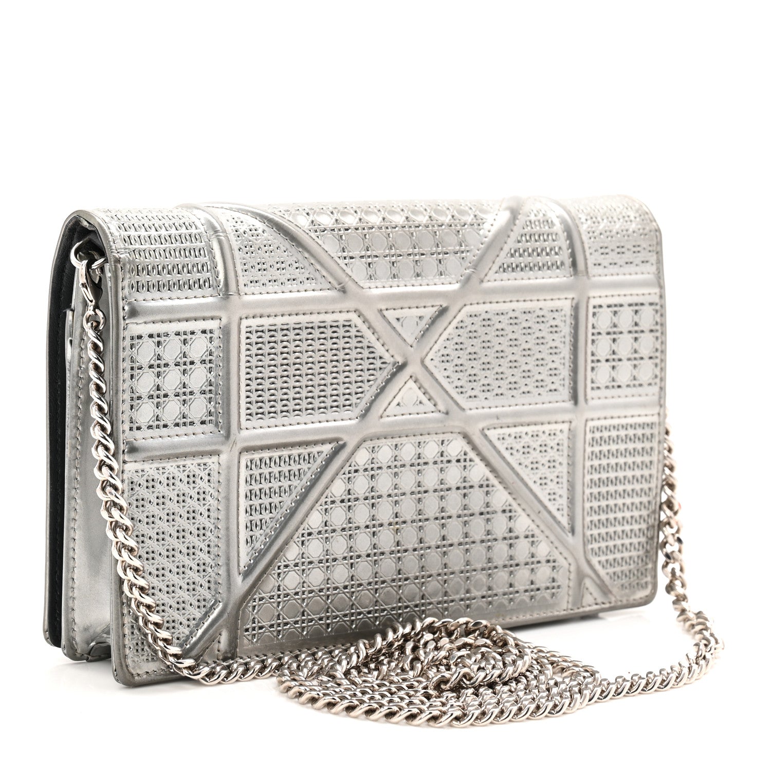 Metallic Patent Micro-Cannage Diorama Wallet on Chain Pouch Silver