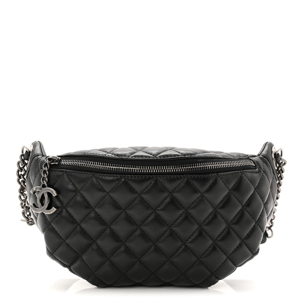 Lambskin Quilted Banane Waist Bag Fanny Pack Black