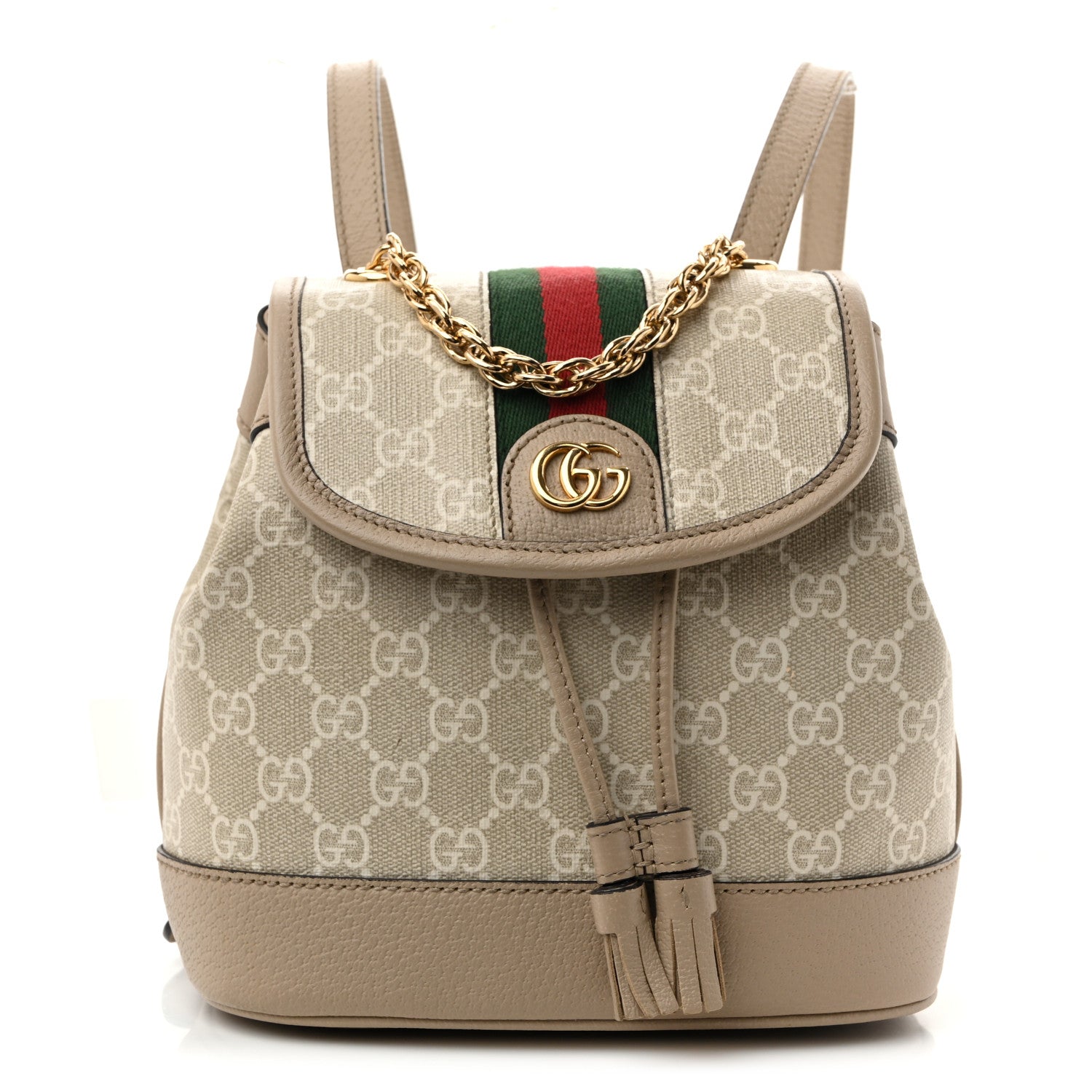GG Supreme Monogram Textured Dollar Calfskin Web Mini Chain Drawstring Backpack Beige Mystic White Oatmeal