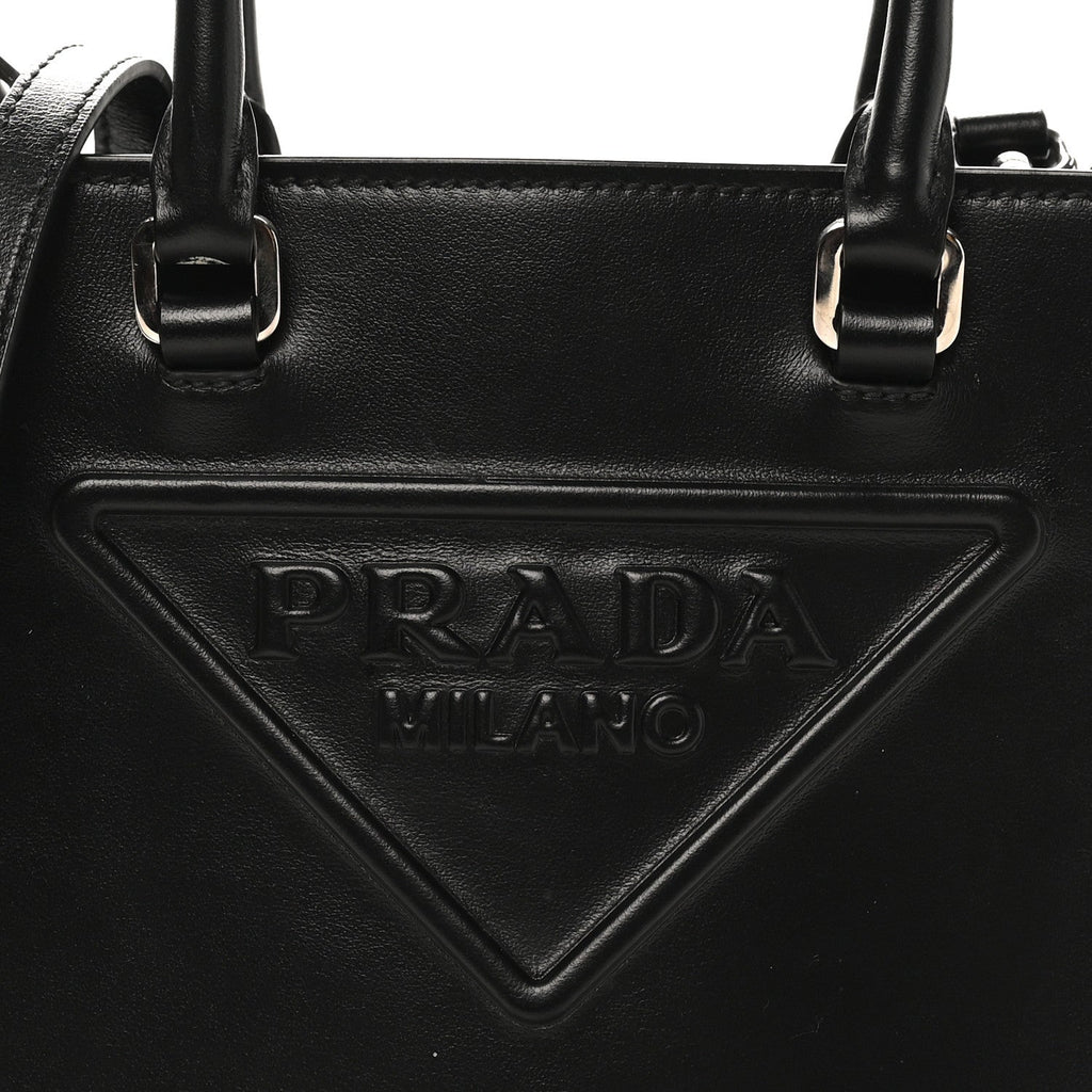 Soft Calfskin Triangle Logo Embossed Small Double Handle Crossbody Tote Black
