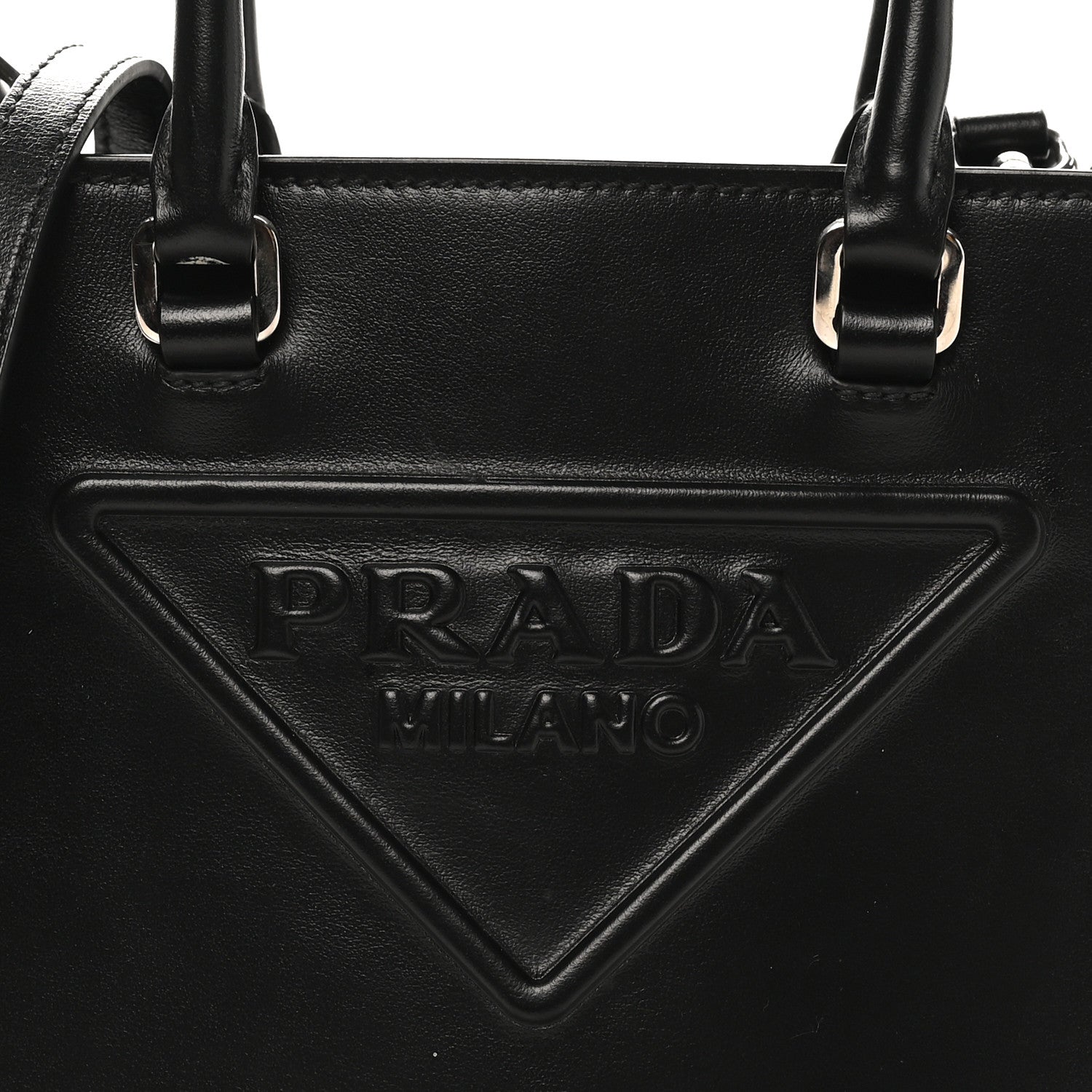 Soft Calfskin Triangle Logo Embossed Small Double Handle Crossbody Tote Black