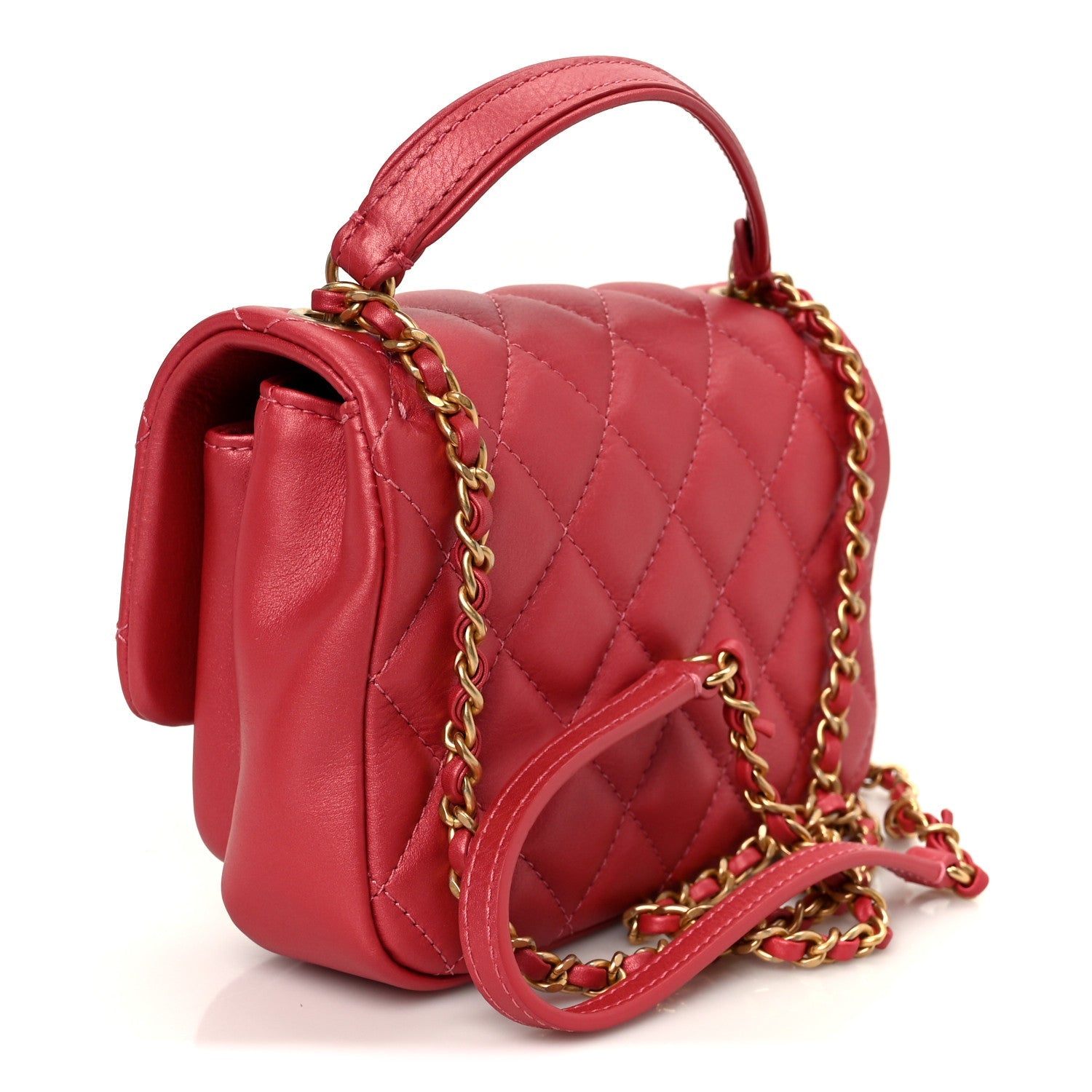 Metallic Calfskin Quilted Top Handle Flap Dark Pink