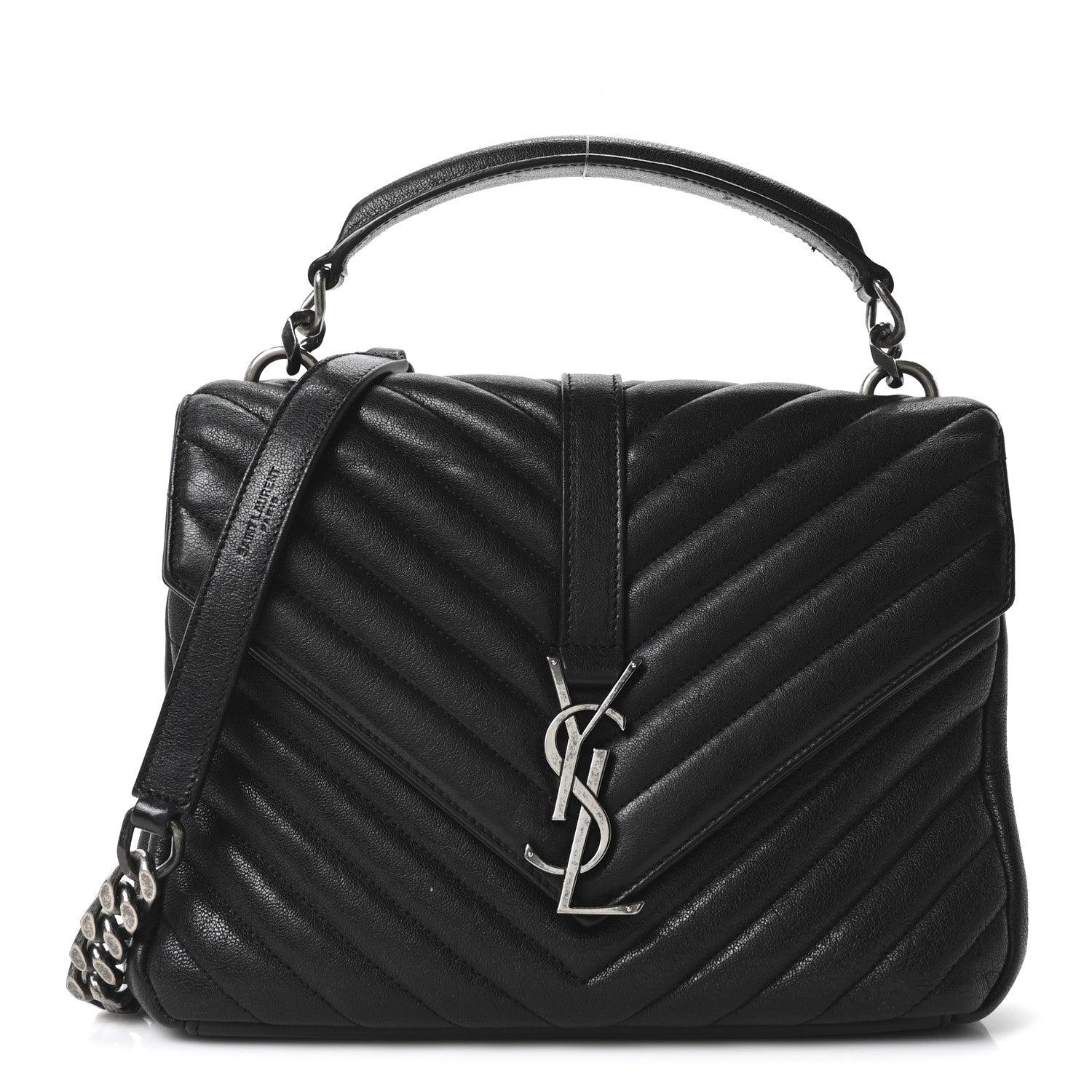 Sheepskin Matelasse Chevron Monogram Medium College Bag Black