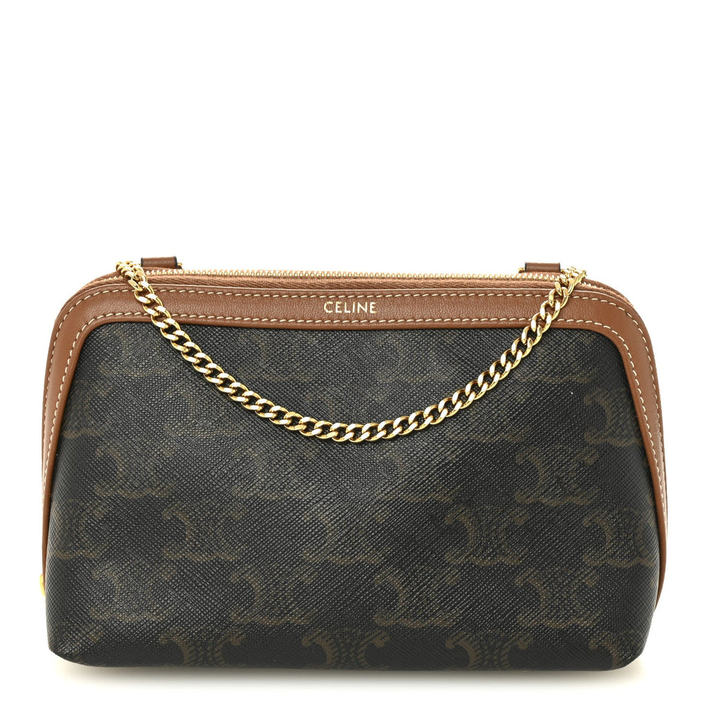 Triomphe Canvas Lambskin Clutch On Chain Tan