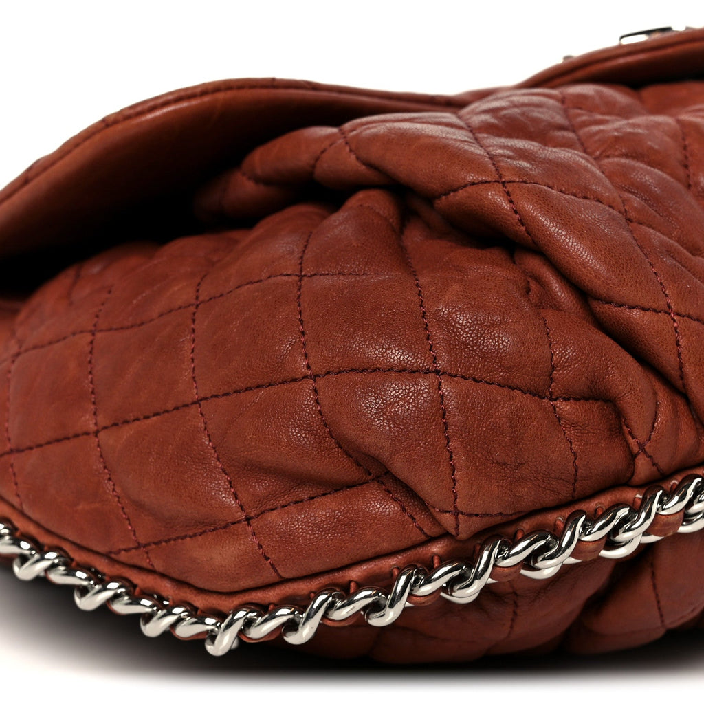 Washed Lambskin Quilted Medium Chain Around Messenger Brown
