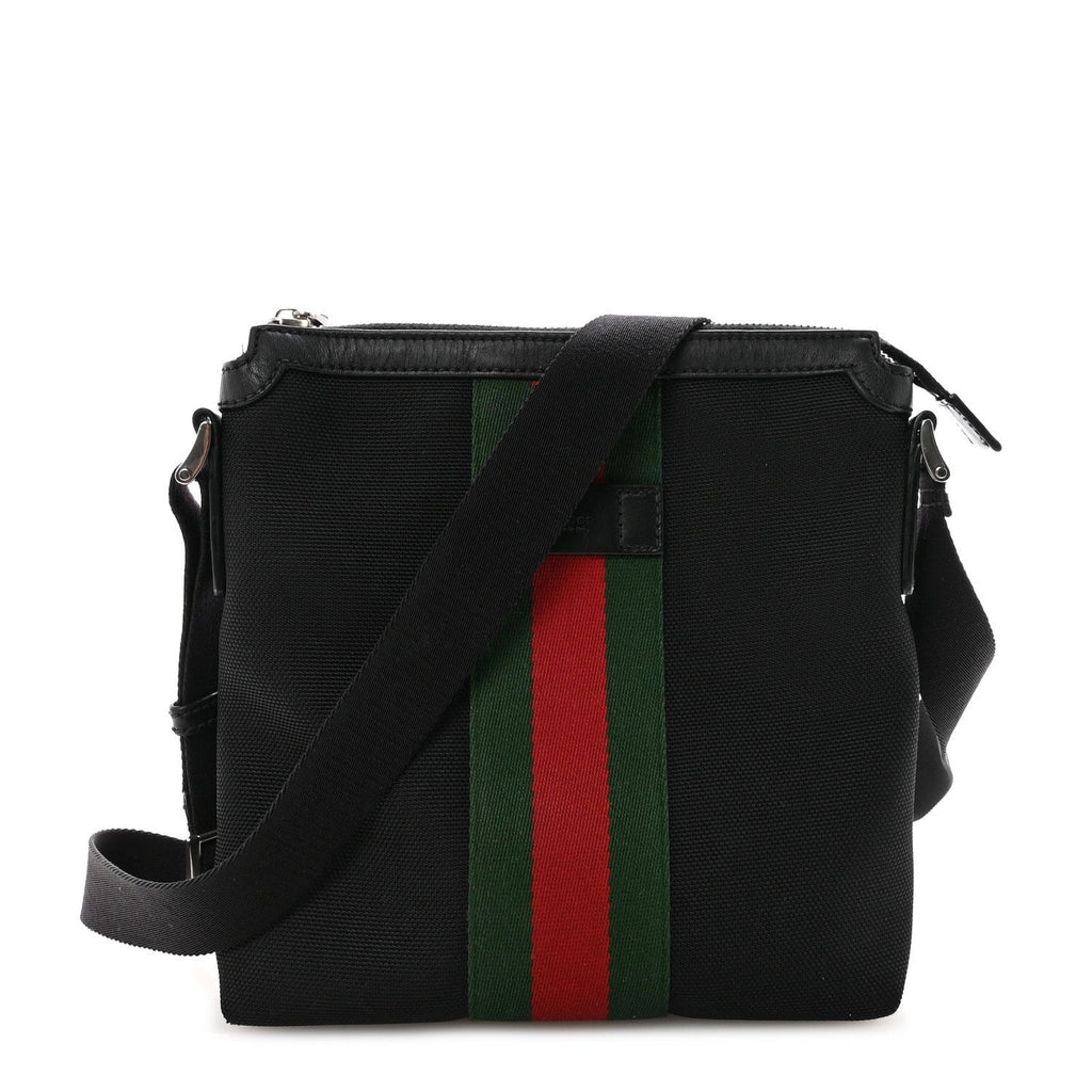 Techno Canvas Selleria Calfskin Web Small Flat Messenger Bag Black