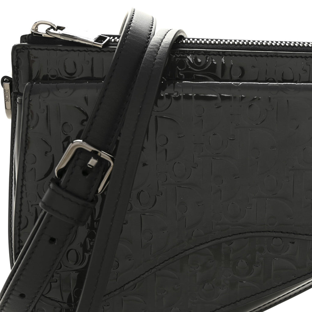 Patent Oblique Embossed Saddle Boxy Bag Black
