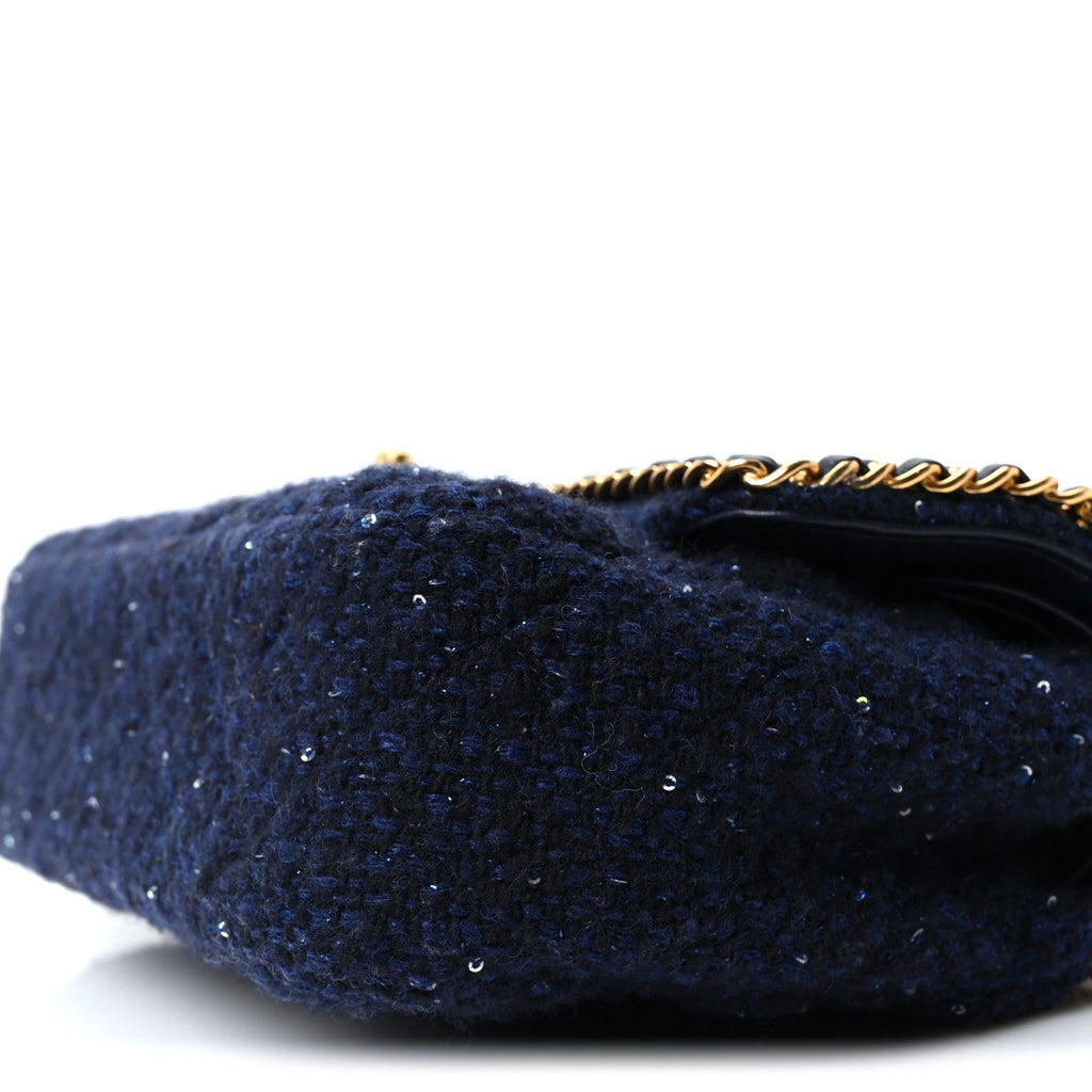 Tweed Sequin Timeless Classic Chained Double Flap Navy Blue