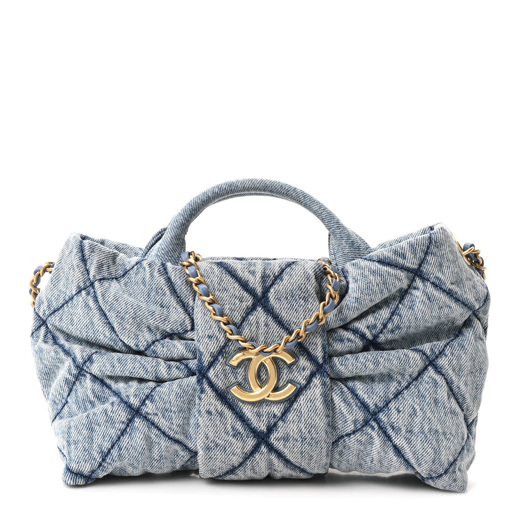 Washed Denim Quilted Mini Bow Bag Blue