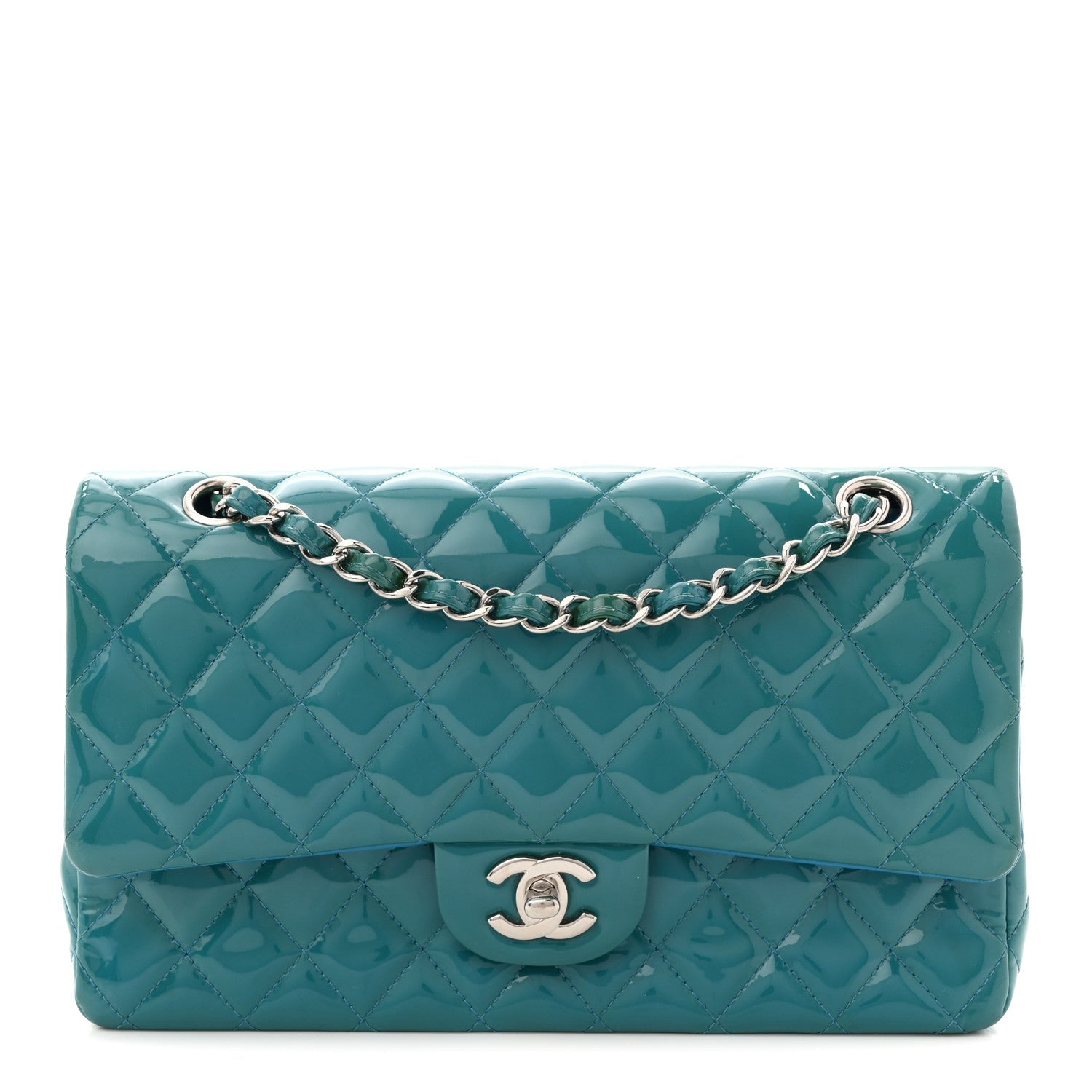 Patent Quilted Medium Double Flap Turquoise