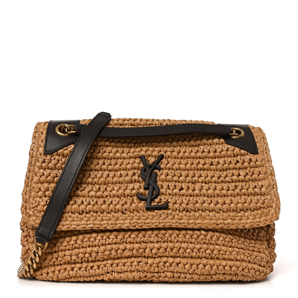 Raffia Calfskin Monogram Medium Niki Chain Satchel Natural