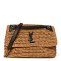 Raffia Calfskin Monogram Medium Niki Chain Satchel Natural